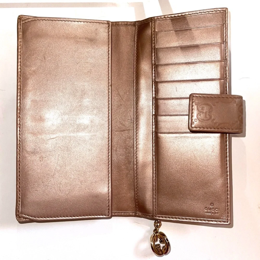 Gucci Guccissima GG Rose Gold Long Bifold Continental Wallet Zip Snap Shima